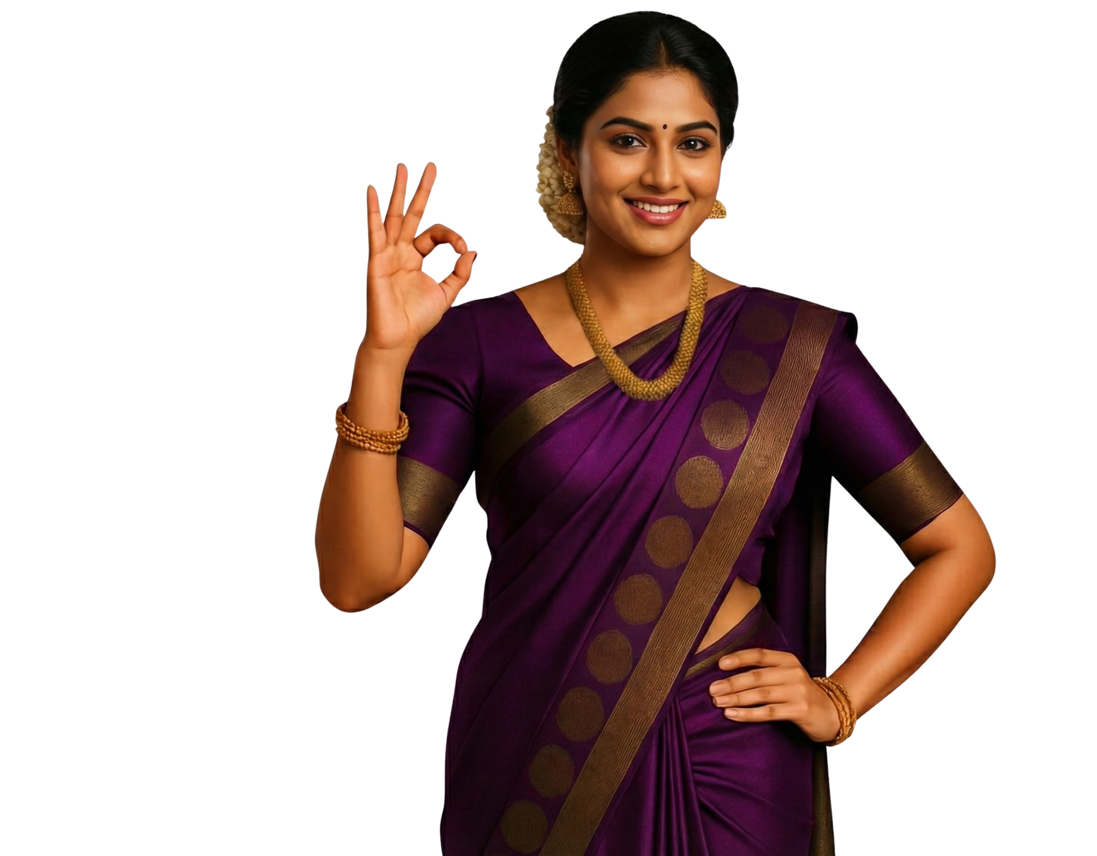 Happy Indian Woman in Purple Saree with Gold